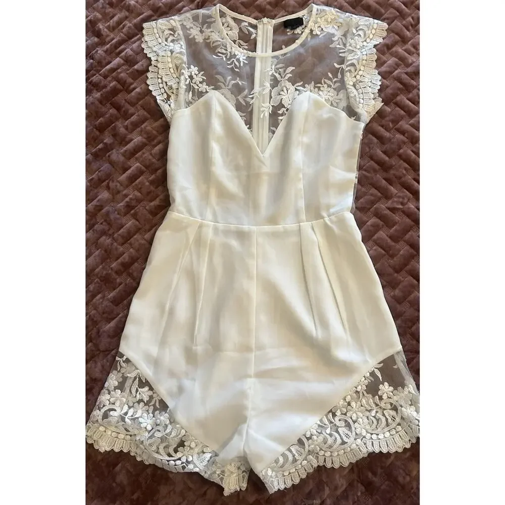 Revolve NBD Sz X-Small Ivory Picnic Day Embroidered Sheer Lace Mesh Short Romper